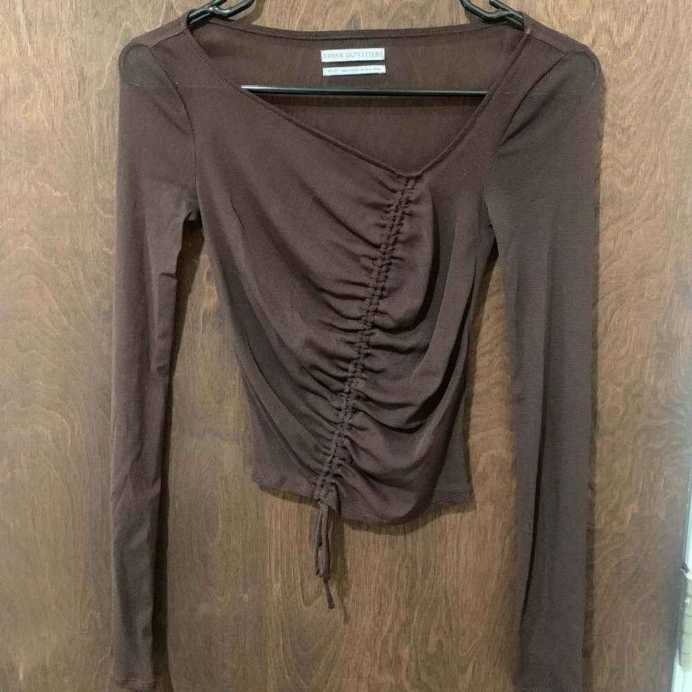 Urban Outfitters Mesh Asymmetrical Neckline Drawstring Long-sleeve Top